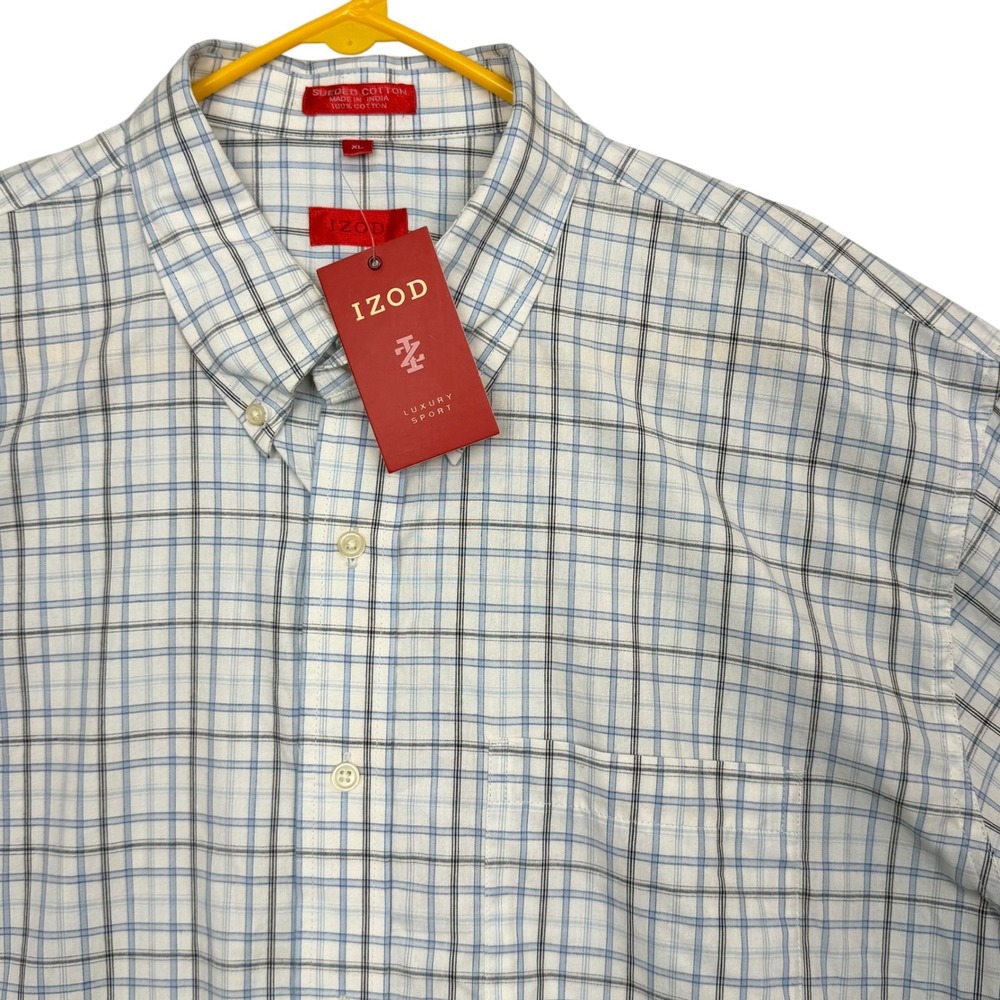 IZOD Button Down Shirt Mens XL White Blue Plaid Sueded Cotton Luxury Sport